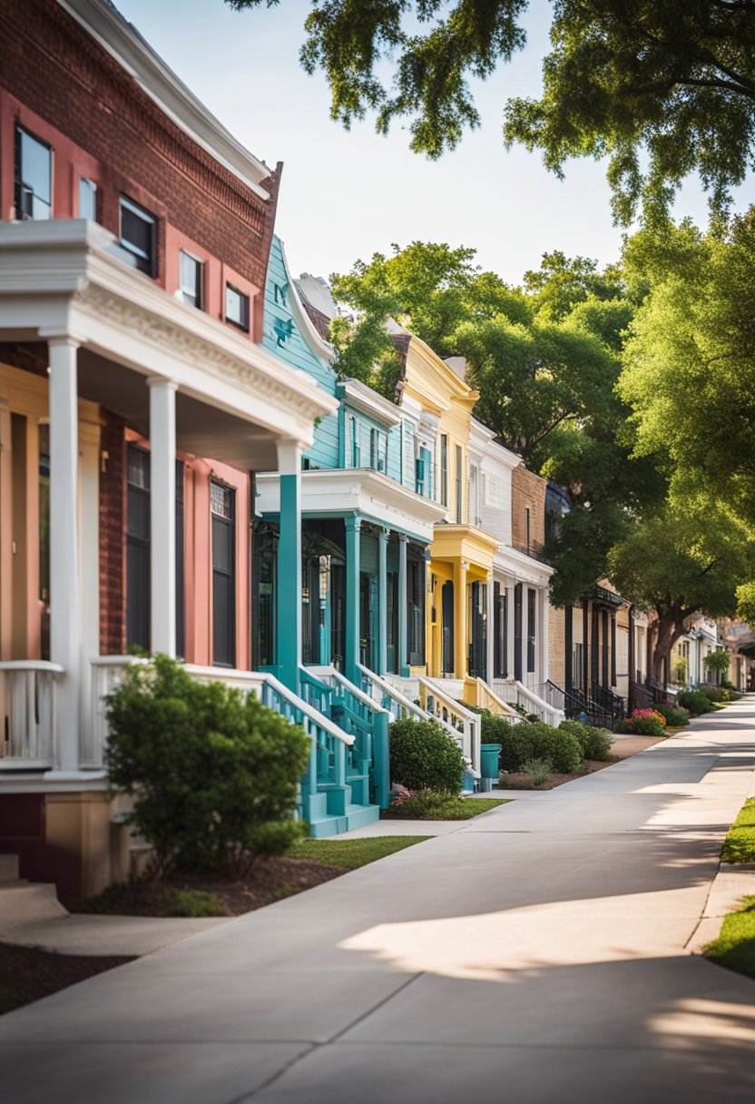 A colorful row of vacation rental homes line the bustling streets, inviting visitors with charming exteriors and modern amenities