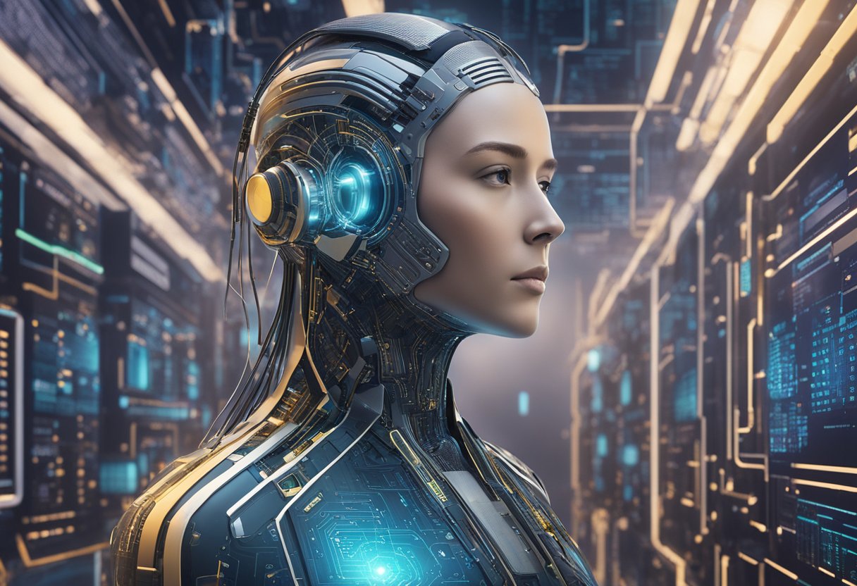 A futuristic AI, ChatGPT 2024, stands against a backdrop of digital code and circuitry, radiating intelligence and innovation