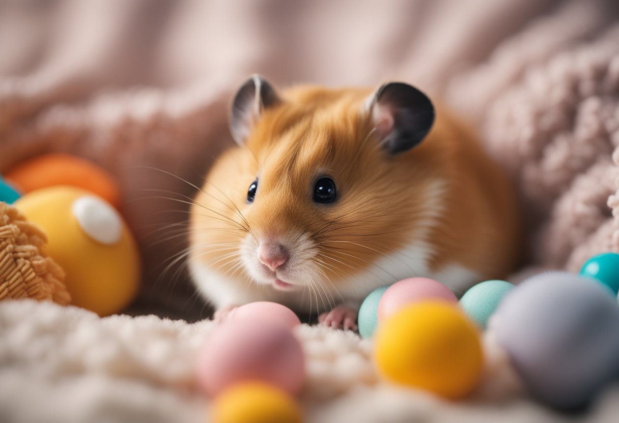 A hamster nestled in a cozy, soft bedding, surrounded by familiar toys and treats, with a gentle, soothing voice speaking nearby