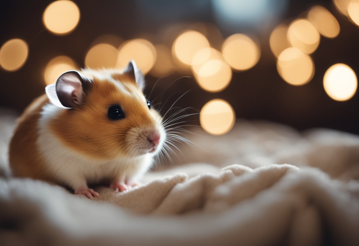 A hamster sits in a cozy, dimly lit cage with soft bedding and a small hideout. A gentle, soothing voice speaks nearby, offering treats and gentle pets