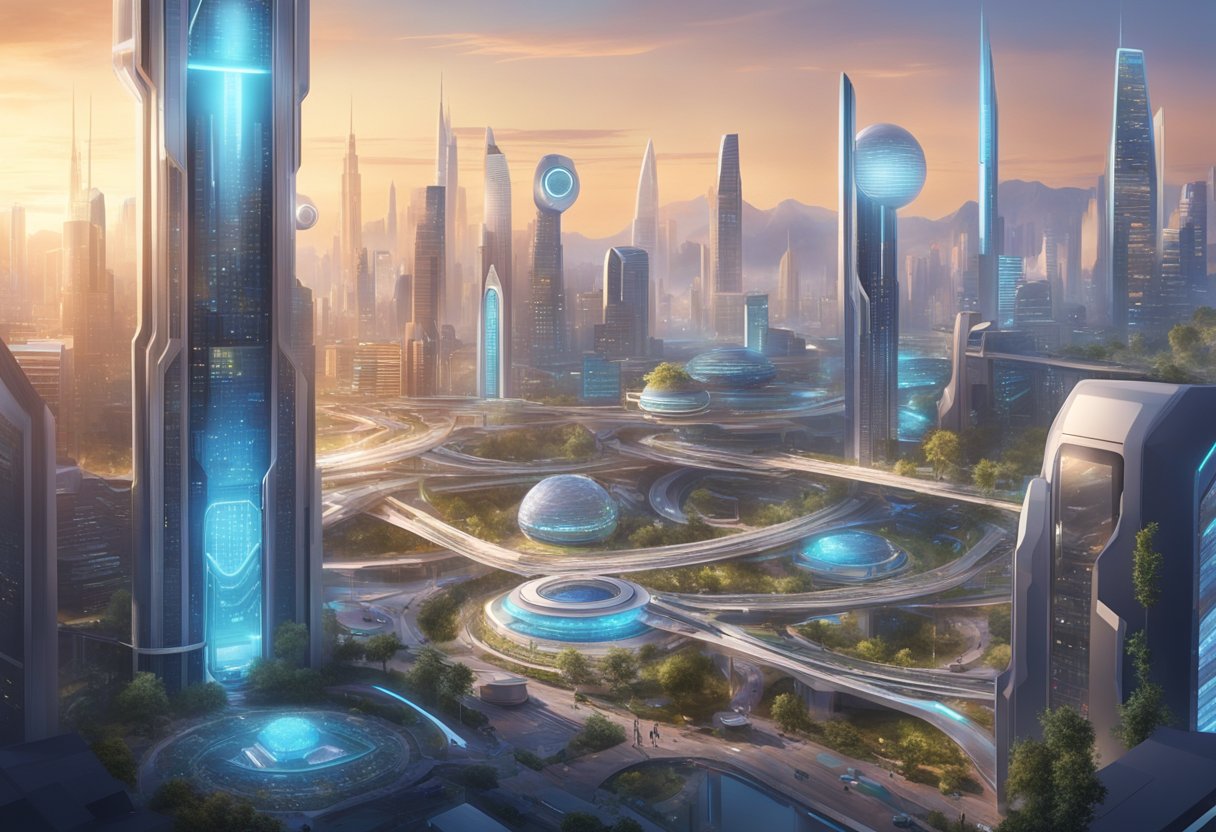 In 2024, ChatGPT AI is at the center of a futuristic cityscape, surrounded by advanced technology and digital interfaces