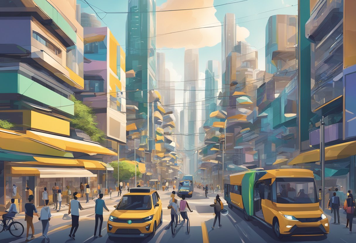 A bustling cityscape with futuristic AI technology integrated into daily life, showcasing the impact of AI in Brazil in 2024