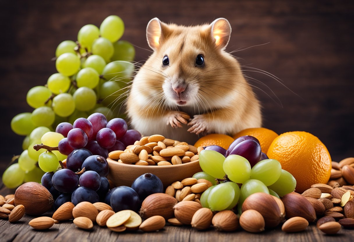 A pile of foods: grapes, citrus, onions, garlic, almonds, peanuts, chocolate, and sugary treats, with a hamster looking at them with a puzzled expression