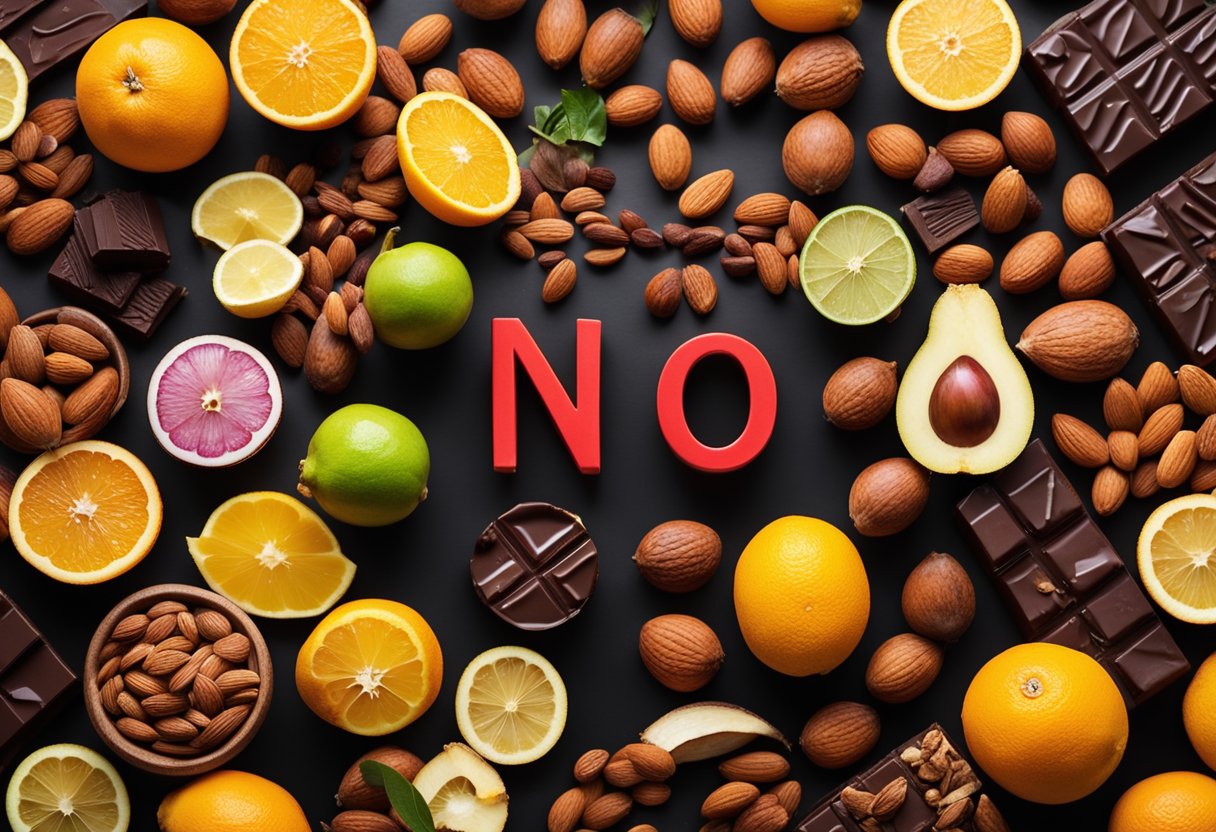 A pile of foods like chocolate, almonds, onions, and citrus fruits, with a red "no" symbol over them