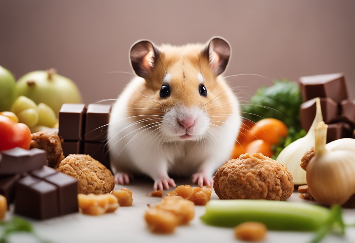 A hamster surrounded by a variety of foods, with a clear X over dangerous items like chocolate and onions