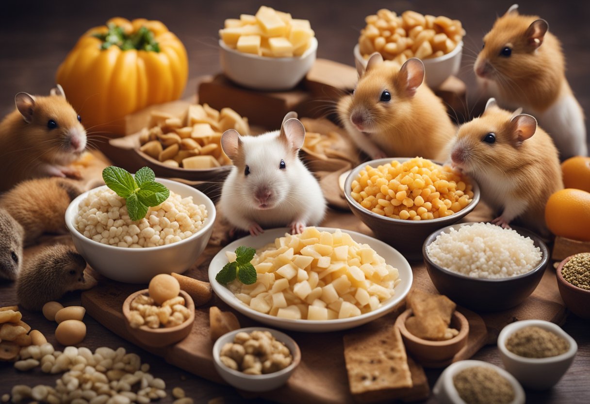 A pile of foods labeled "unsafe for hamsters" surrounded by curious hamsters