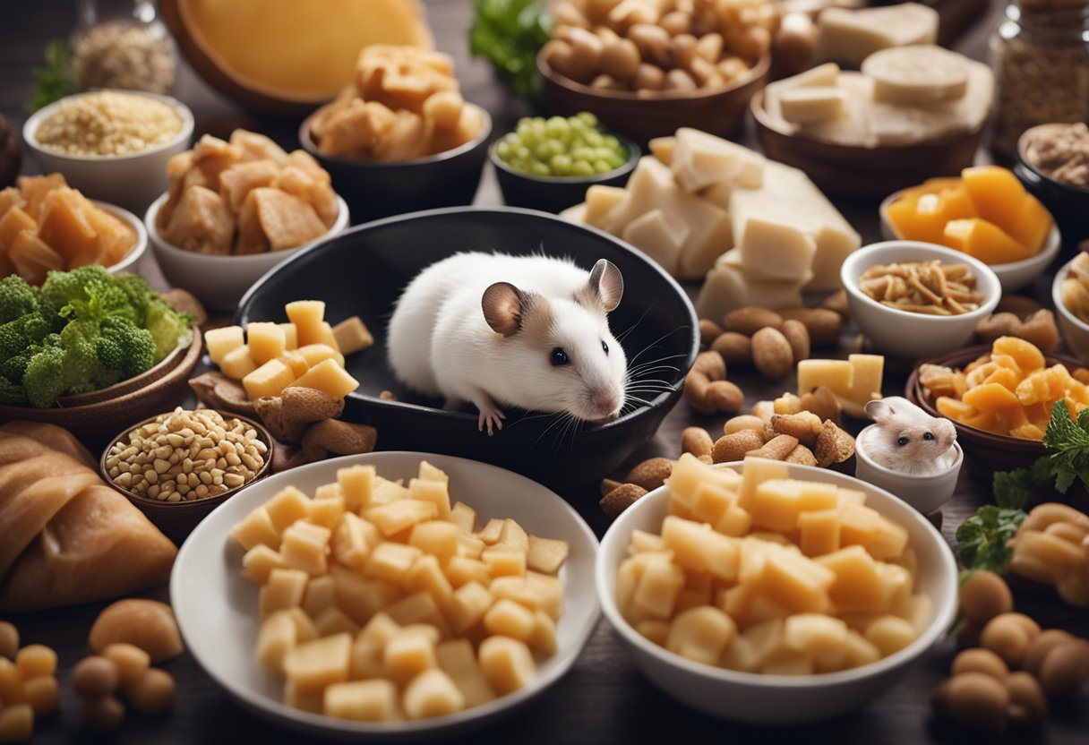 A pile of foods labeled "toxic to hamsters" surrounded by curious hamsters