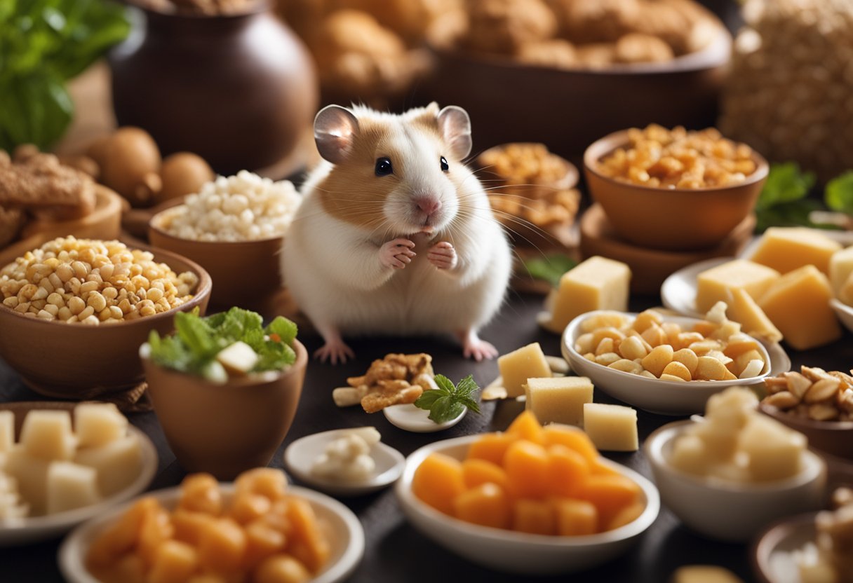 A hamster surrounded by foods it cannot eat, with a question mark above its head
