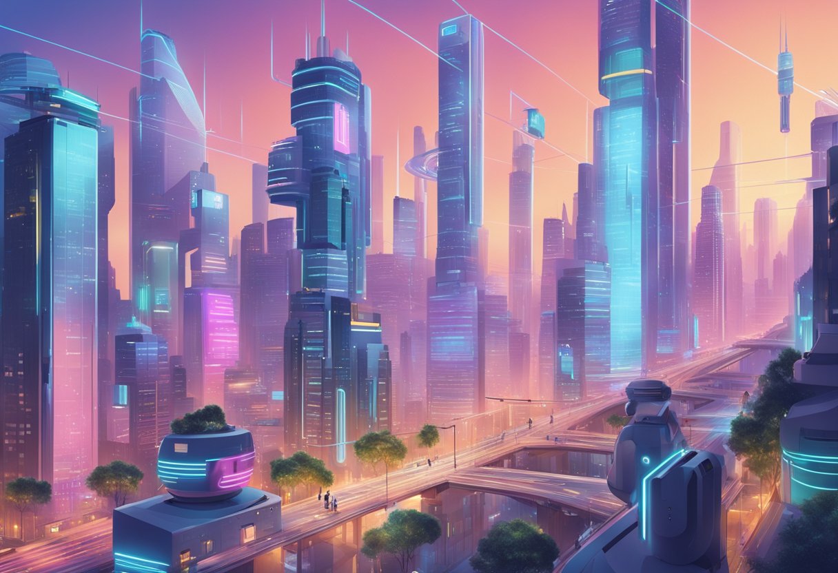 A futuristic cityscape with AI-powered chatbots interacting with people, symbolizing the social impact of ChatGPT's artificial intelligence in 2024