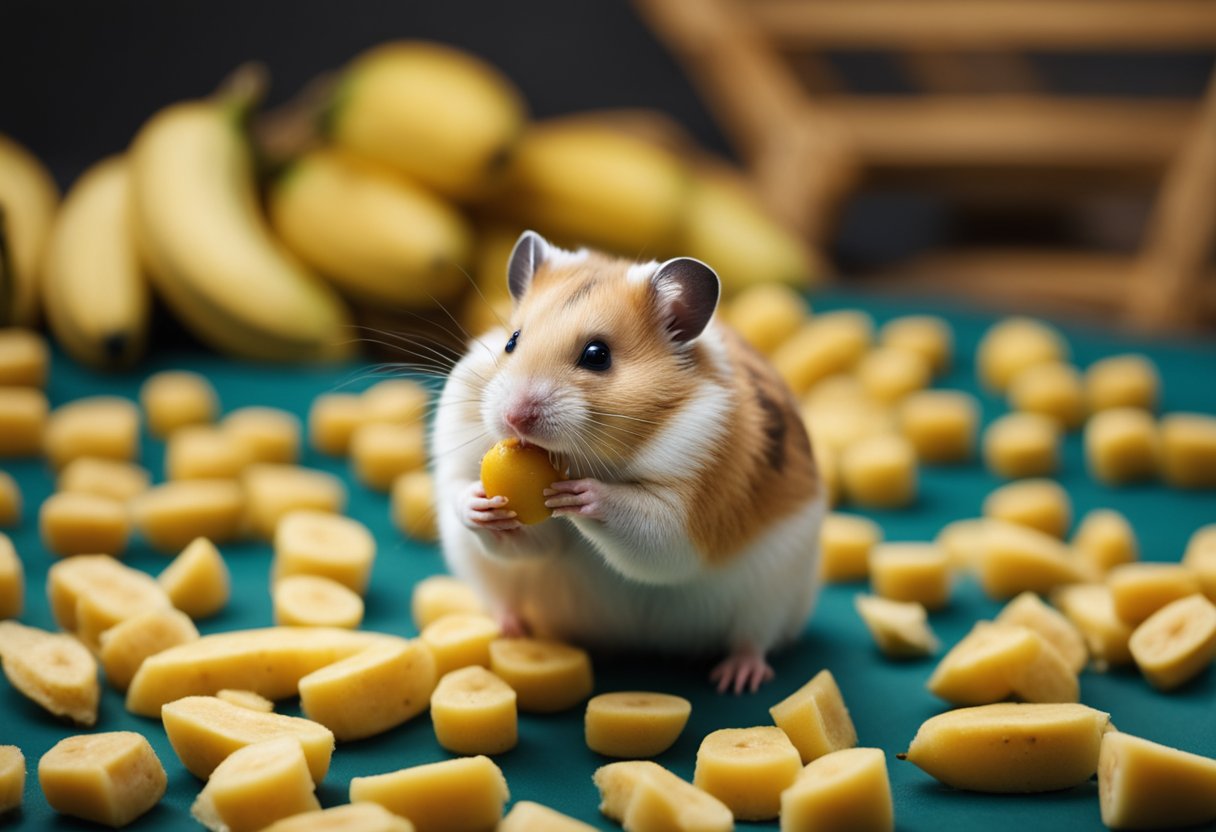 A hamster nibbles on a ripe banana, its small paws holding the fruit steady as it takes small bites