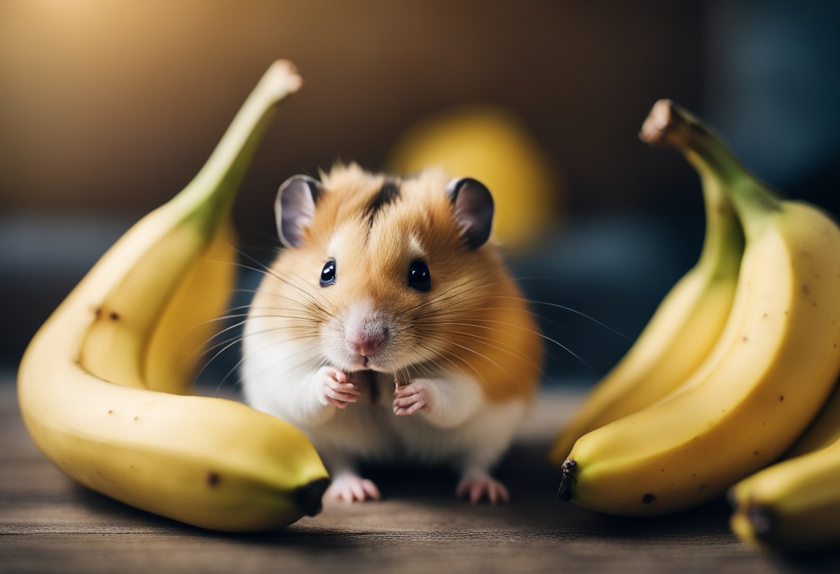 A hamster happily munches on a ripe banana, showcasing its nutritional benefits for small pets