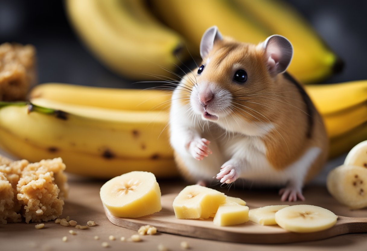 A hamster eagerly nibbles on a slice of banana, while a caution sign with crossed-out foods sits nearby