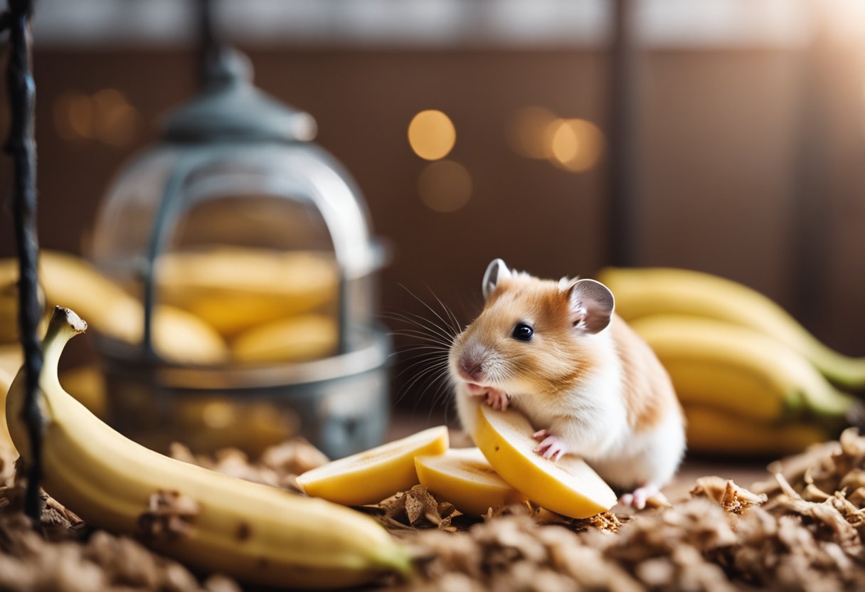 A hamster sitting in its cage, nibbling on a slice of banana