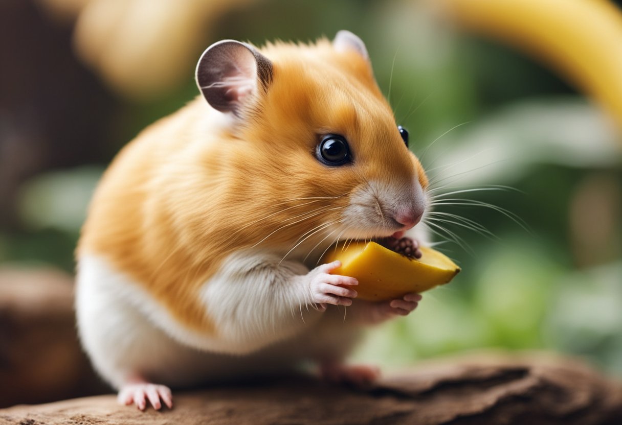 A hamster nibbles on a ripe banana, its small paws holding the fruit steady as it takes a bite