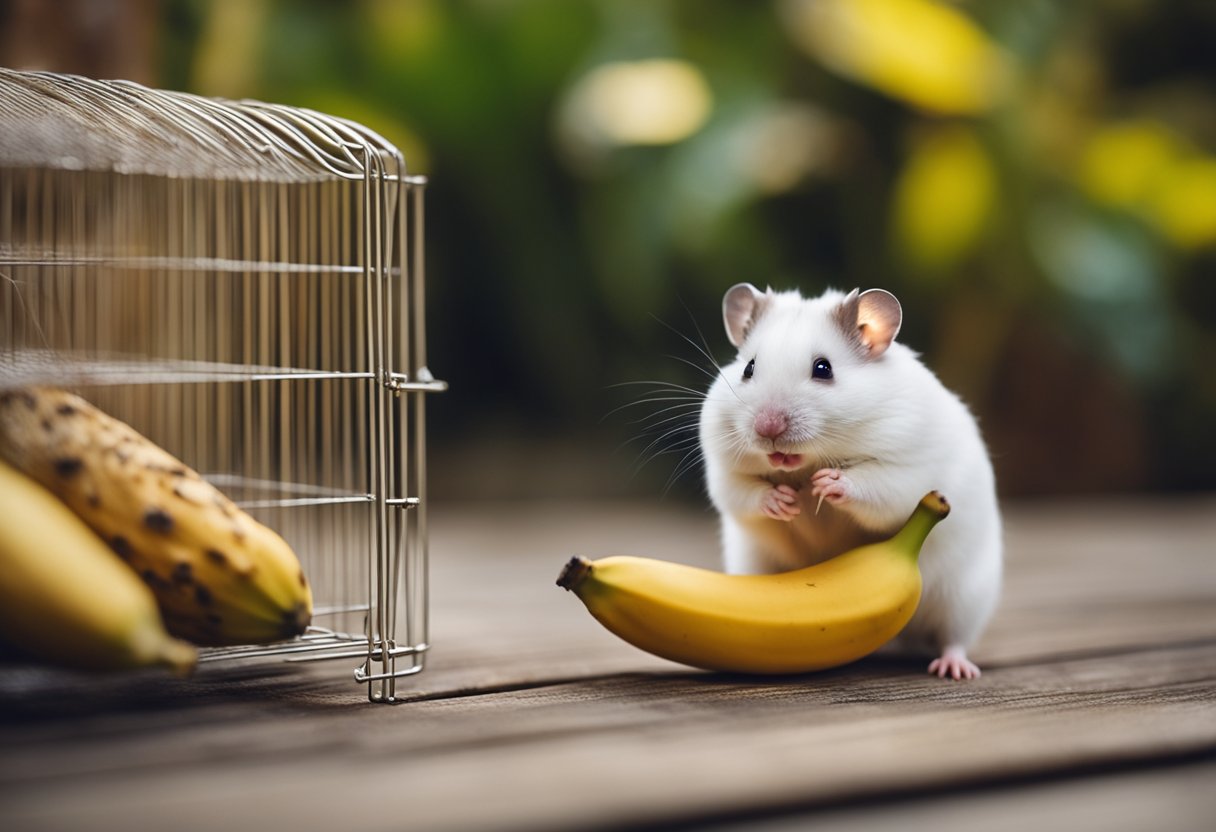 A hamster sitting in its cage, eagerly nibbling on a ripe banana with curiosity in its eyes