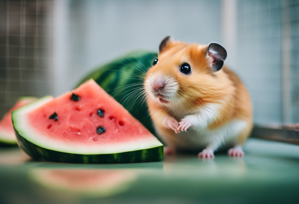 A hamster sits next to a slice of watermelon in its cage