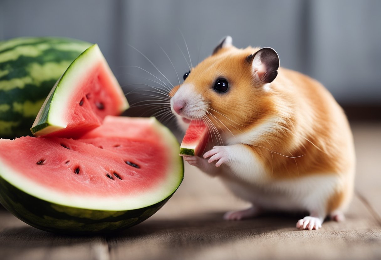 A hamster sits in its cage, munching on a slice of fresh watermelon. Its small paws hold the fruit as it nibbles happily