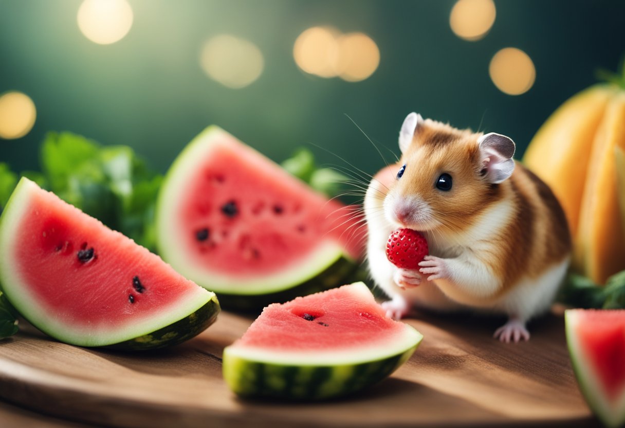 A hamster nibbles on a slice of watermelon, its tiny paws holding the juicy fruit as it enjoys the sweet treat