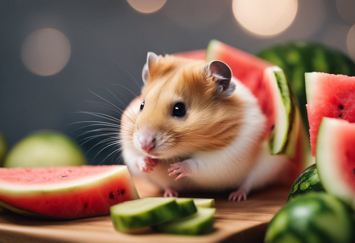 A hamster nibbles on a slice of watermelon in its cage. A water bottle and bedding are visible in the background