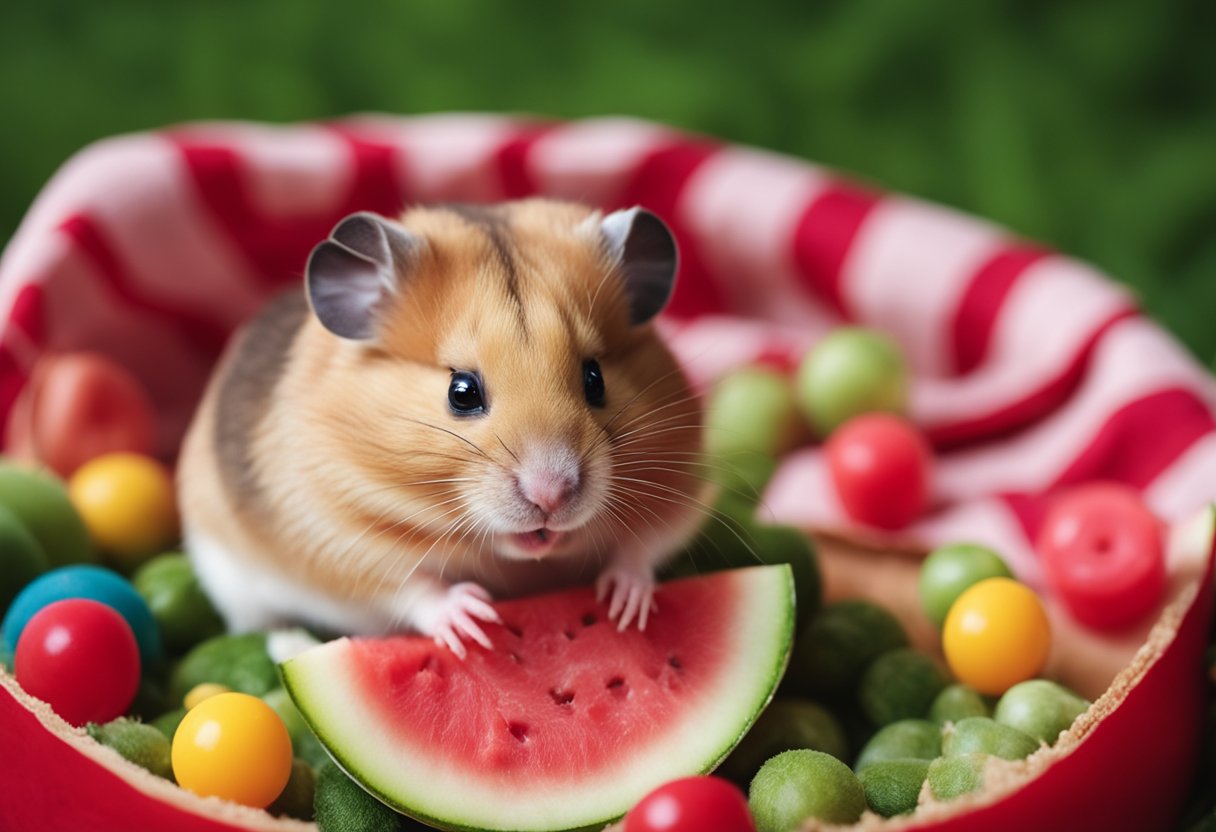 A hamster nibbles on a slice of watermelon in its cage, surrounded by bedding and toys