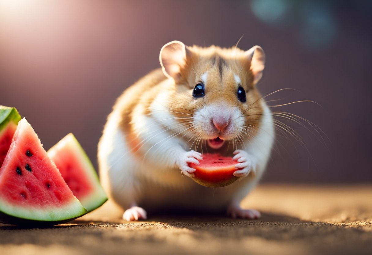 A hamster eagerly nibbles on a slice of watermelon, its tiny paws holding the fruit steady as it takes small, delighted bites