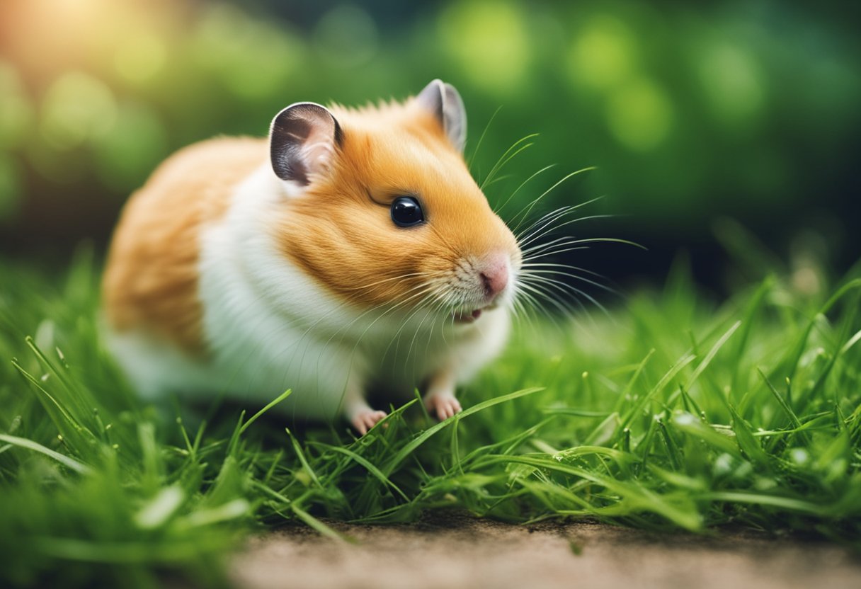 A hamster nibbles on fresh green grass in its cage