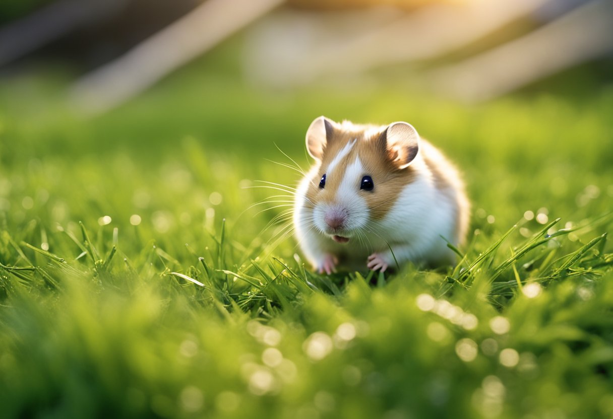 A hamster nibbles on green grass, its cheeks bulging with food