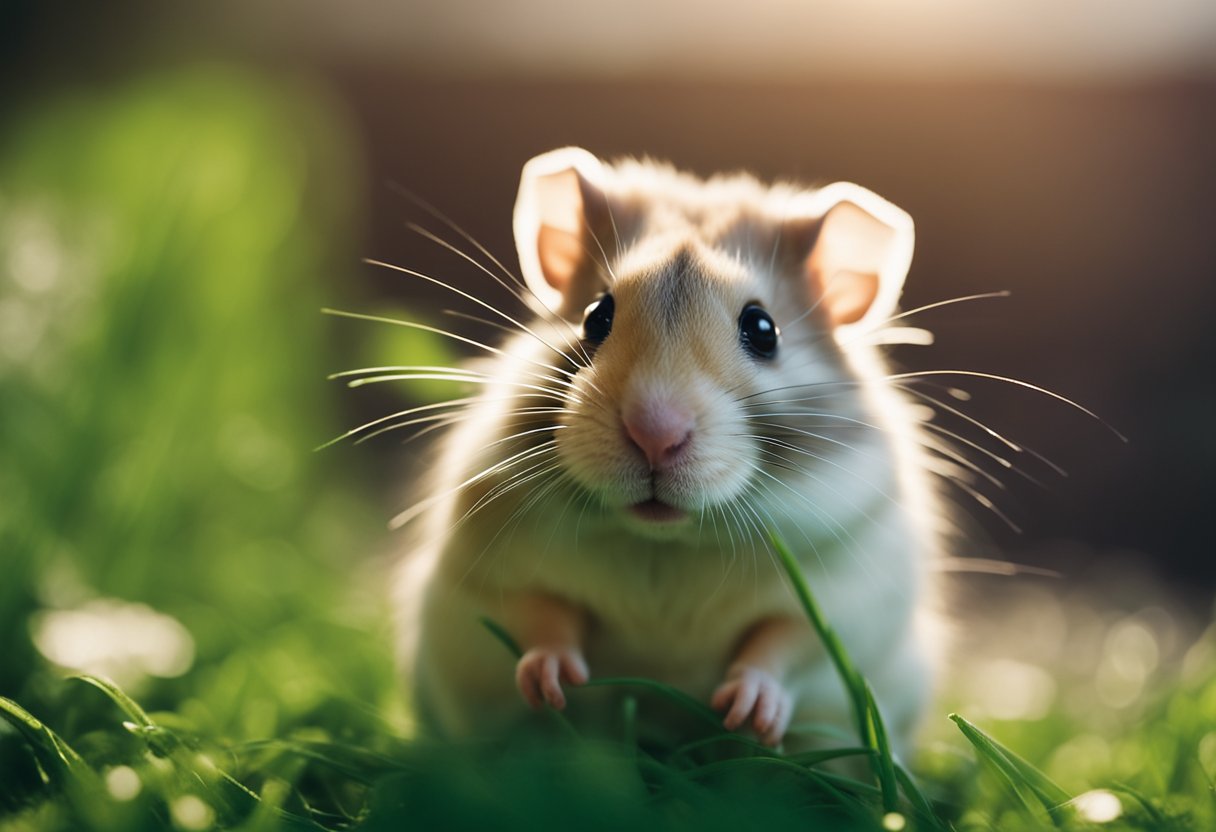 A hamster nibbles on fresh green grass in a cozy cage