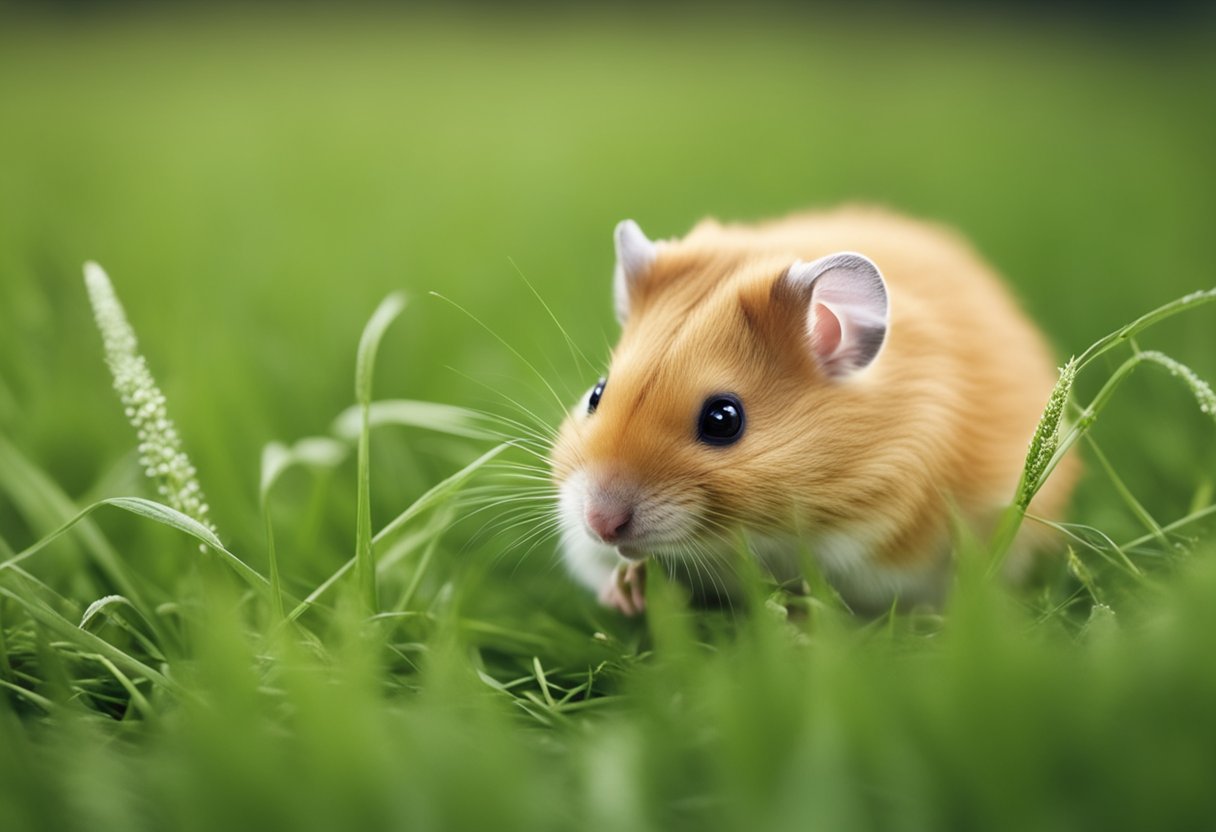 A hamster nibbles on a tuft of grass, its tiny paws holding the stems as it chews