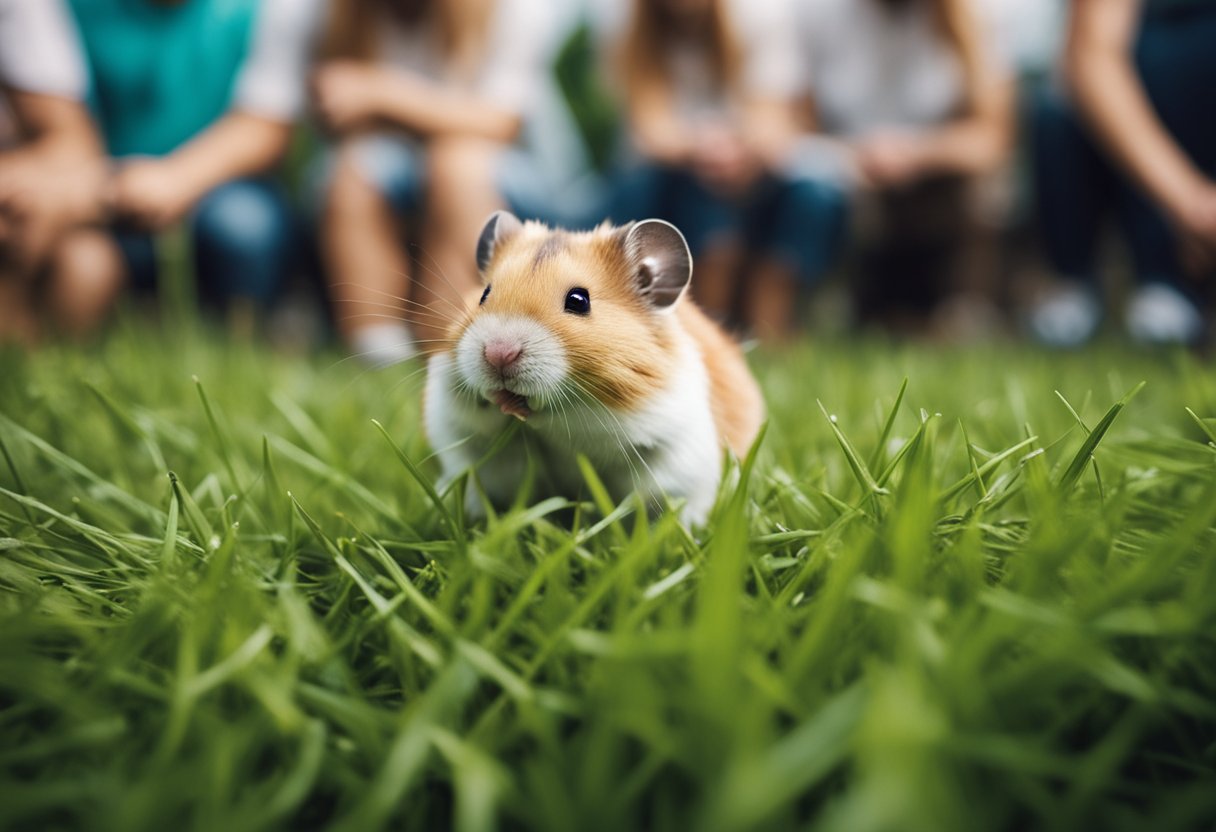 A hamster nibbles on a patch of grass, surrounded by curious onlookers