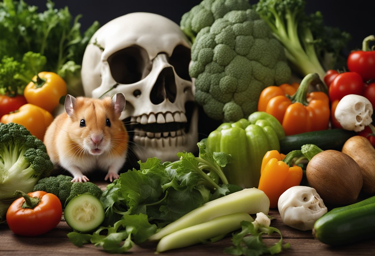 A hamster surrounded by a variety of vegetables, with a skull and crossbones symbol on the poisonous ones