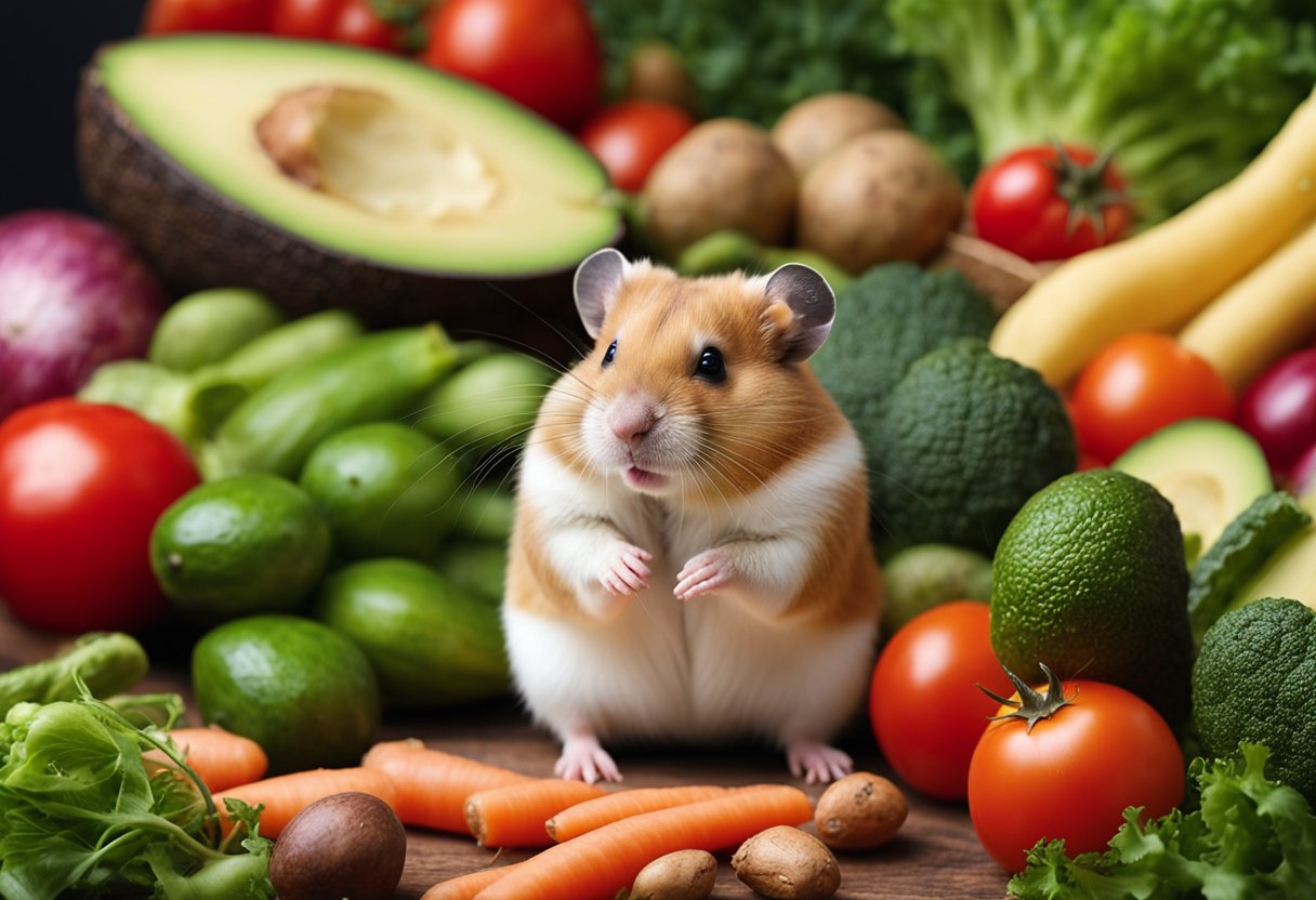 Illustrate a hamster surrounded by toxic vegetables: avocado, potato, tomato, and rhubarb. Show caution signs or X marks to indicate danger