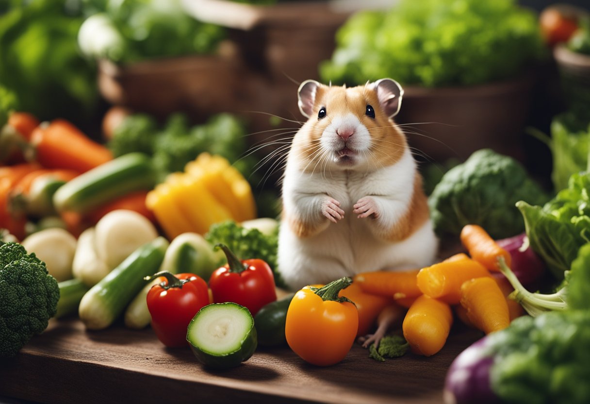 A hamster surrounded by a variety of vegetables, with a caution sign next to the ones that are poisonous to them