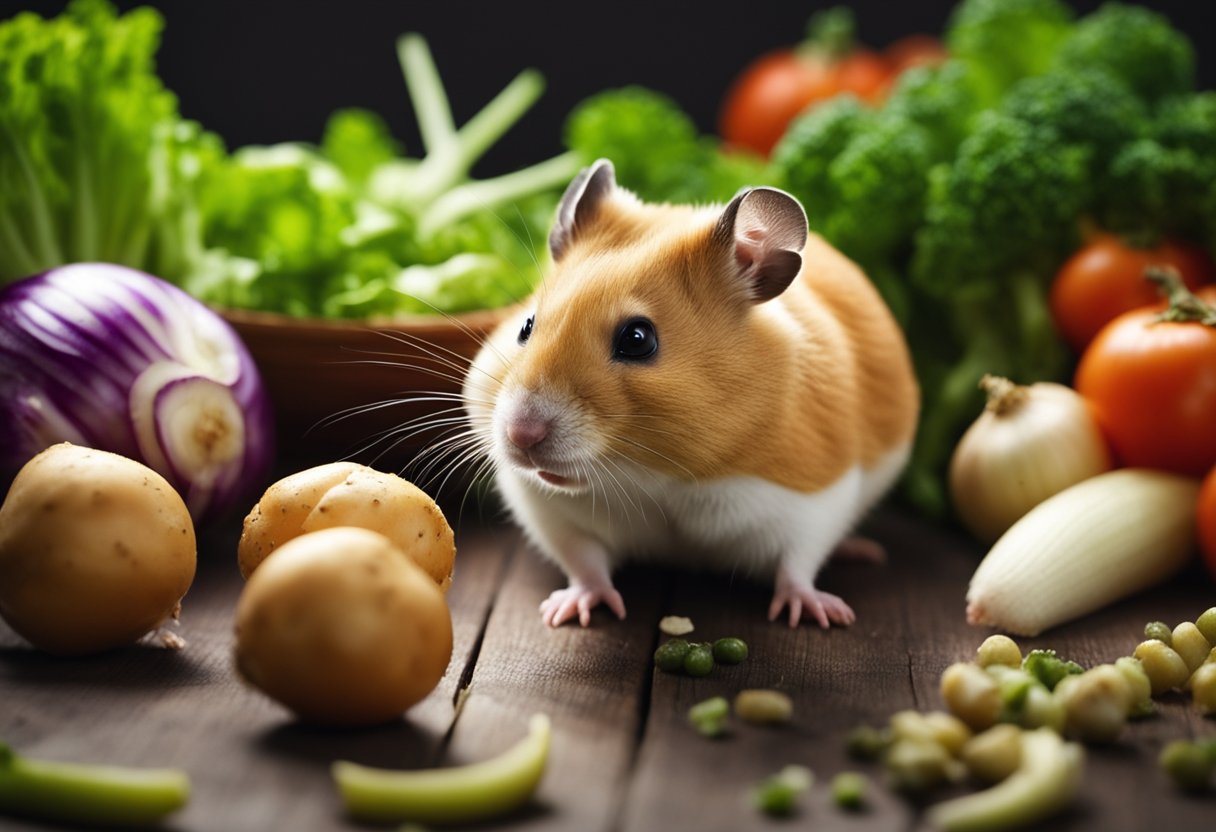 A hamster surrounded by various vegetables, with a clear focus on the toxic ones such as onions, garlic, and potatoes