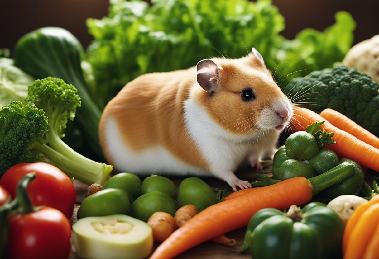 A hamster surrounded by various vegetables, with a skull and crossbones symbol over the poisonous ones