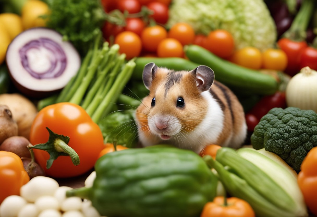 A hamster surrounded by various vegetables, with a prominent focus on those that are known to be poisonous to them