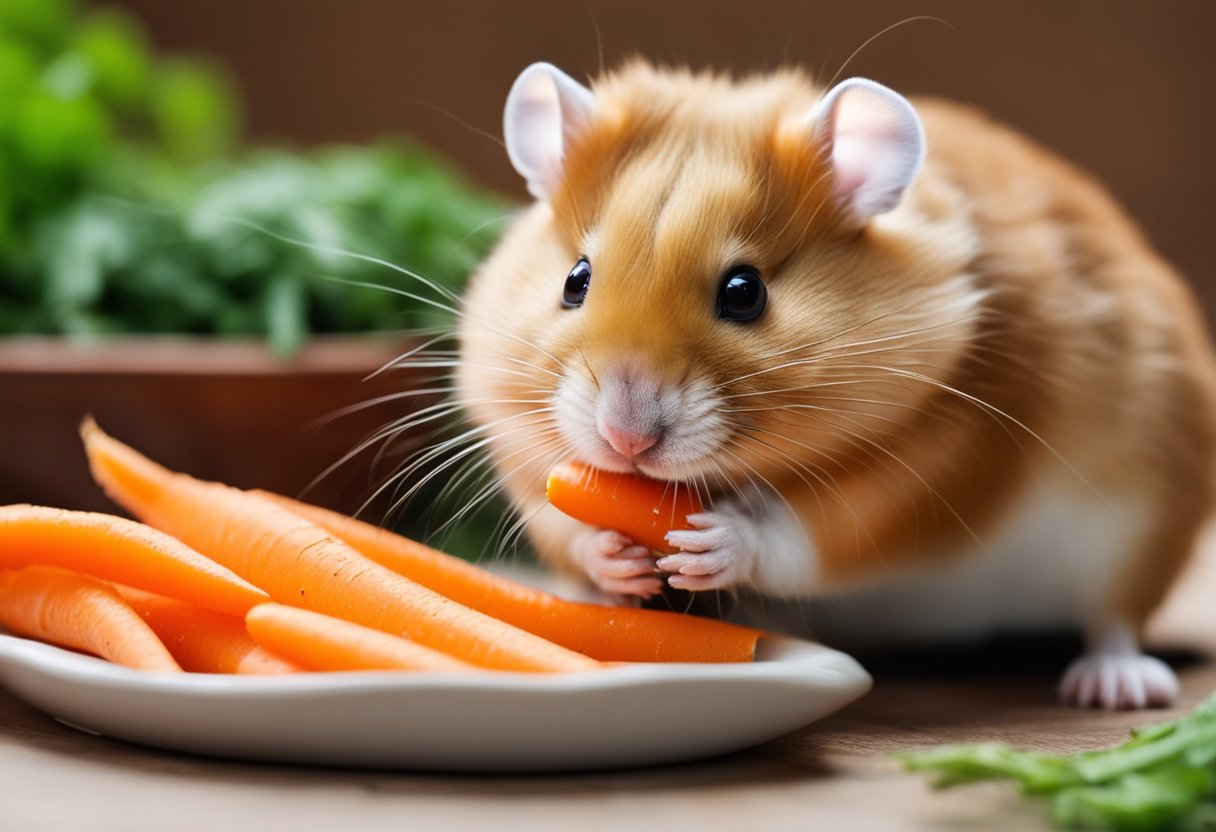 A hamster munches on a fresh, vibrant carrot, its small paws holding the vegetable steady as it nibbles away