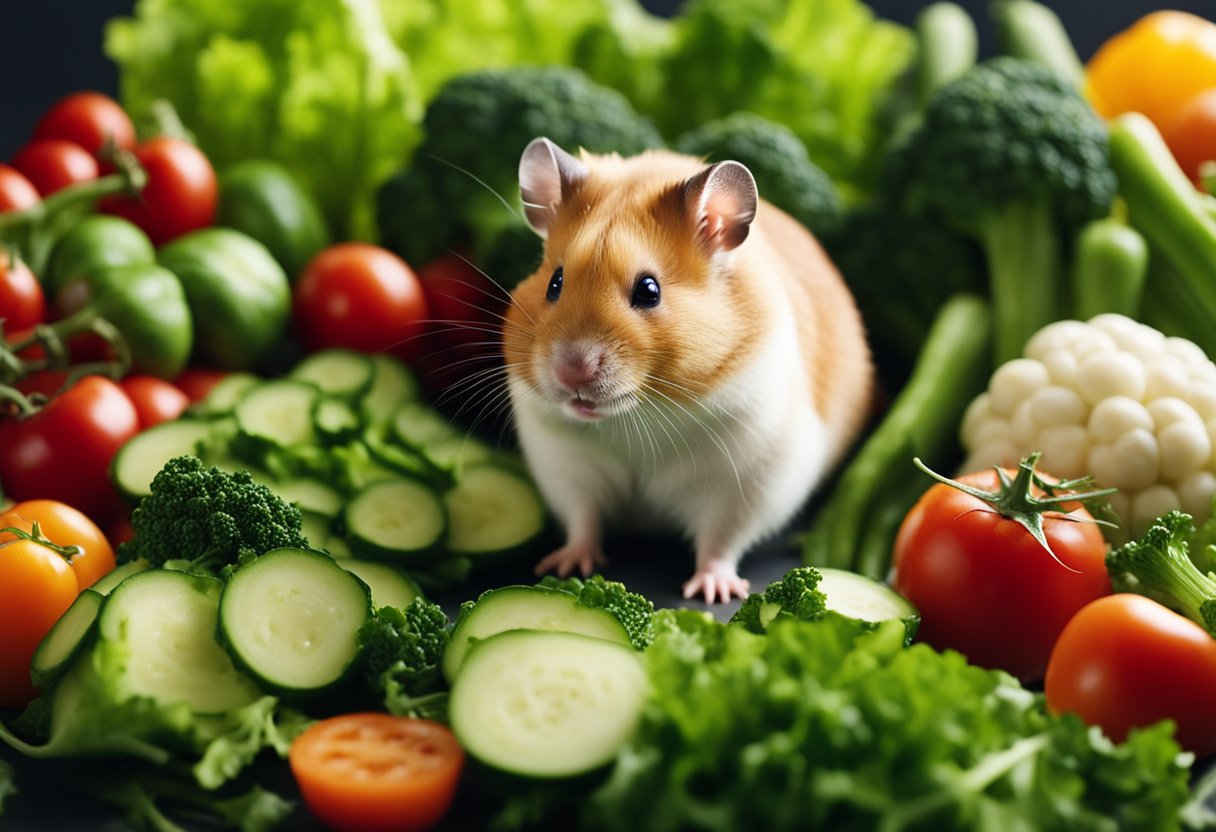 A hamster surrounded by a variety of fresh vegetables, with a spotlight shining on a bright green leafy vegetable, emphasizing its importance for the hamster's nutrition
