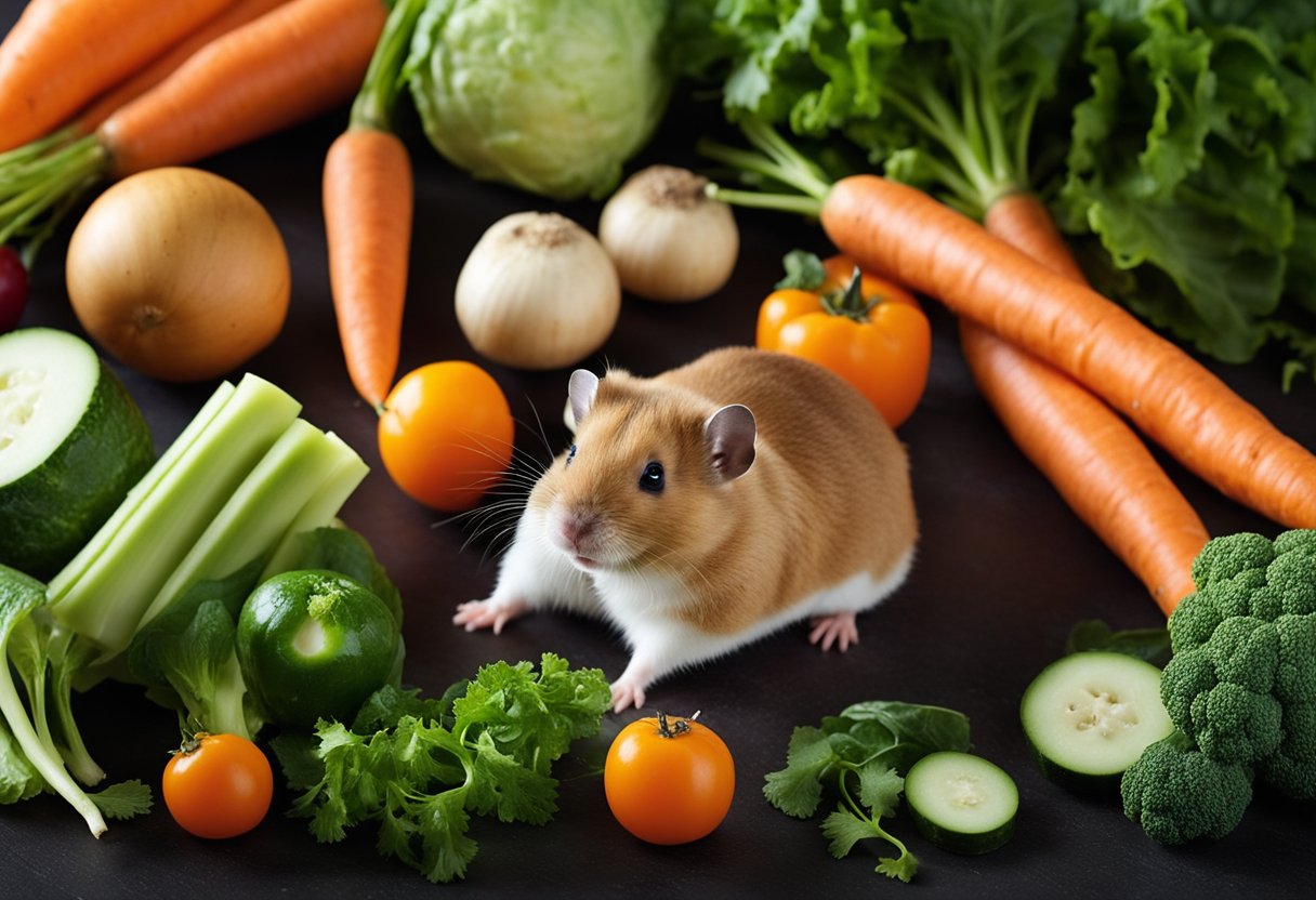 A variety of fresh vegetables surround a small hamster, including carrots, cucumbers, and leafy greens. The hamster eagerly nibbles on the assortment, showcasing its preference for healthy foods