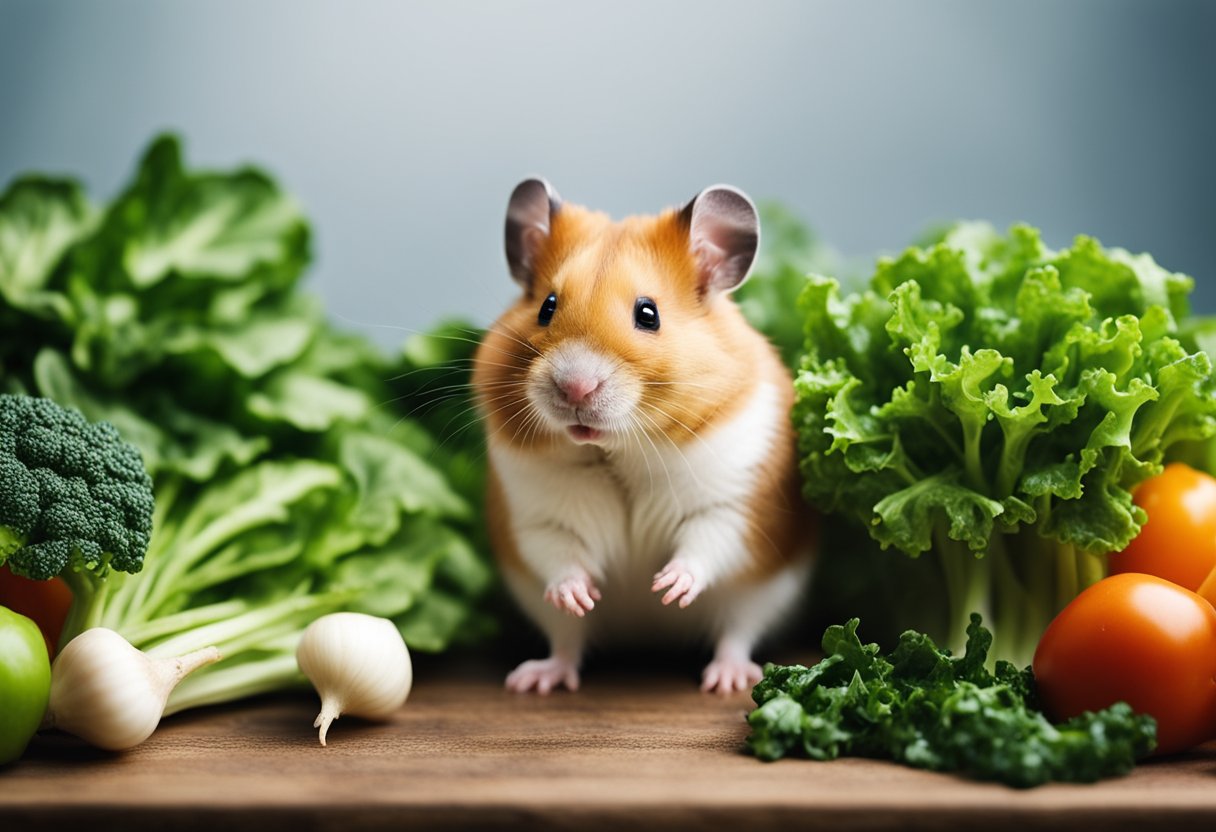 A hamster surrounded by a variety of fresh vegetables, with a focus on leafy greens like spinach and kale