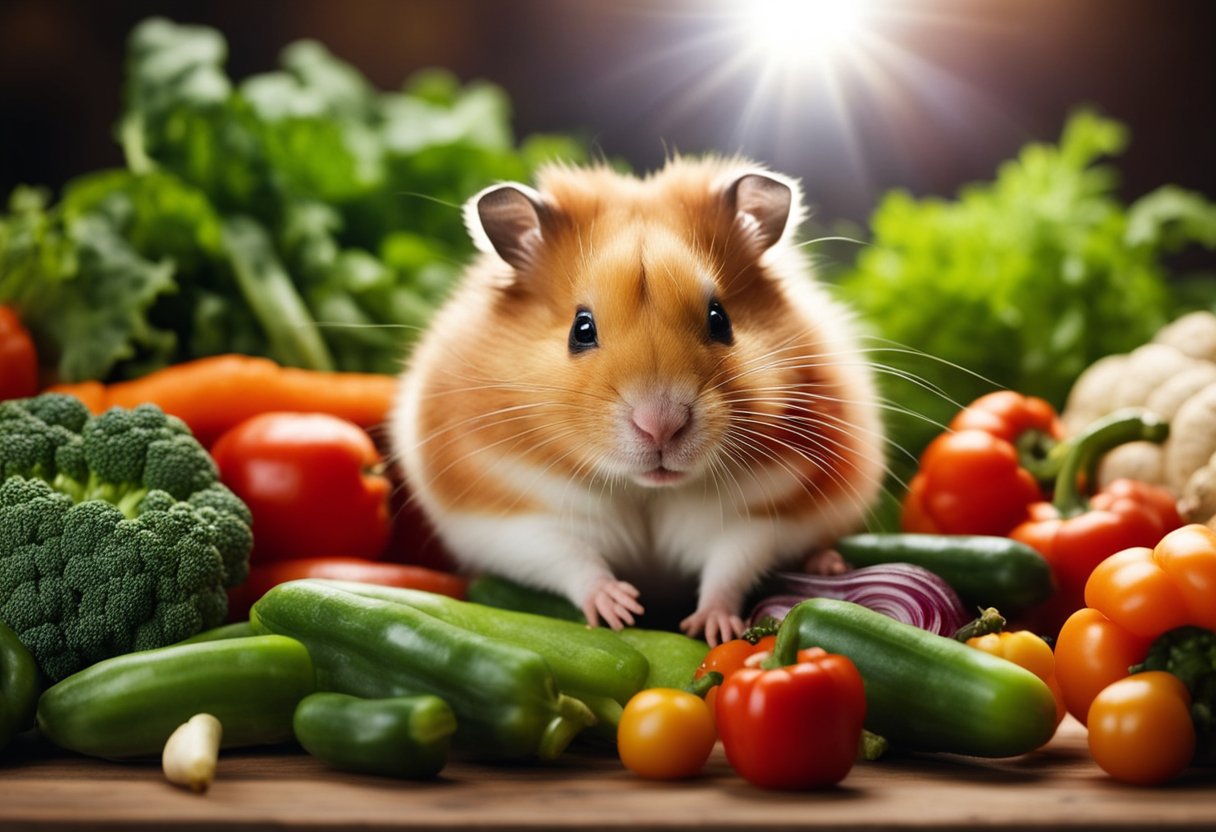 A hamster surrounded by a variety of fresh vegetables, with a spotlight on a pile of leafy greens, carrots, and bell peppers