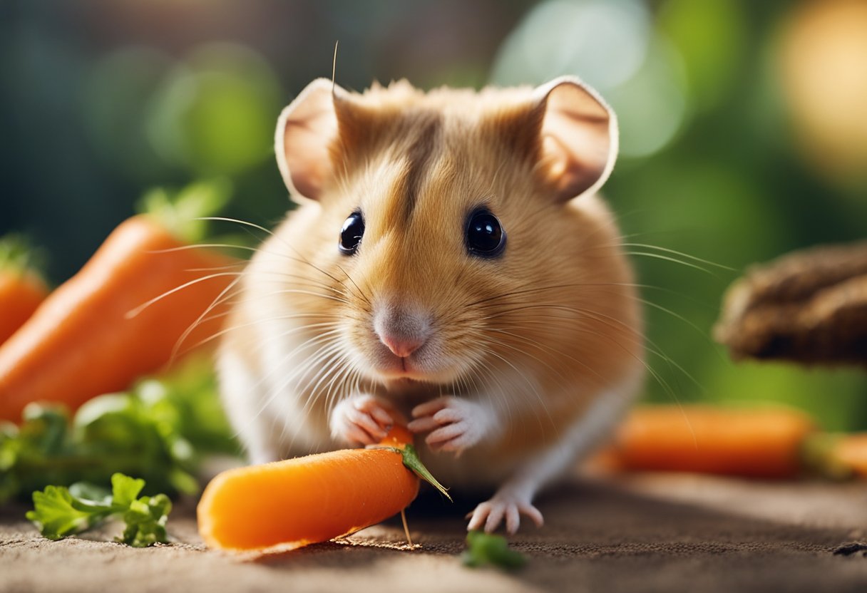 A hamster nibbles on a fresh carrot, its whiskers twitching with excitement. The vibrant orange vegetable is the healthiest choice for the small furry creature
