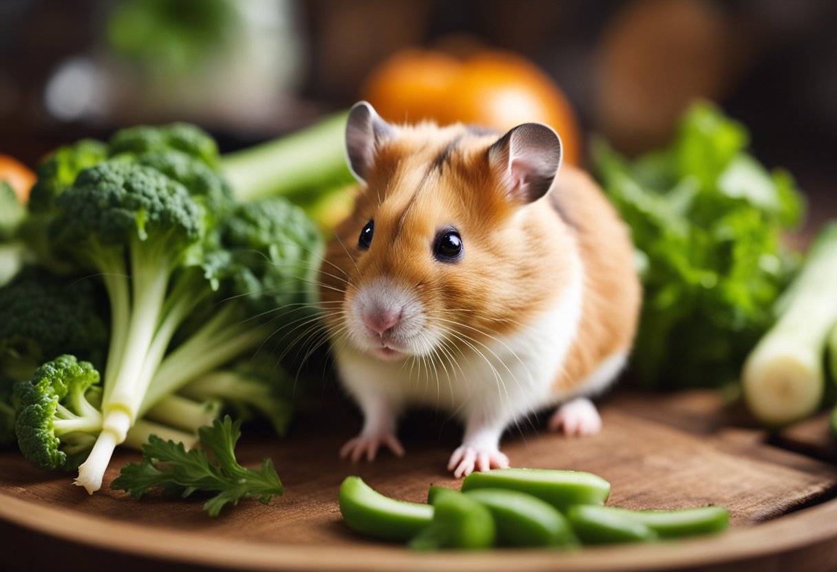 A hamster eagerly munches on a variety of fresh vegetables spread out in its cage