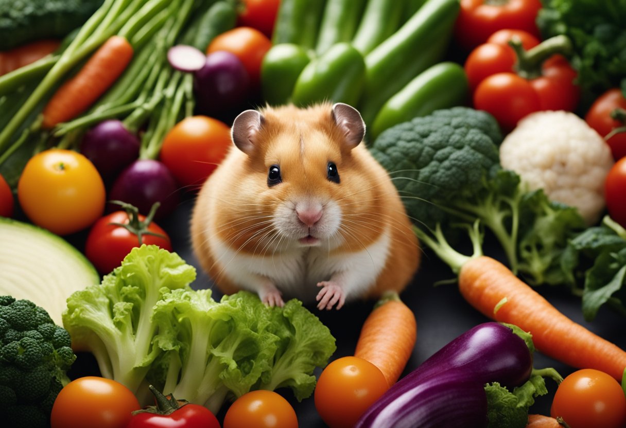 A hamster surrounded by a variety of fresh vegetables, with a question mark above its head