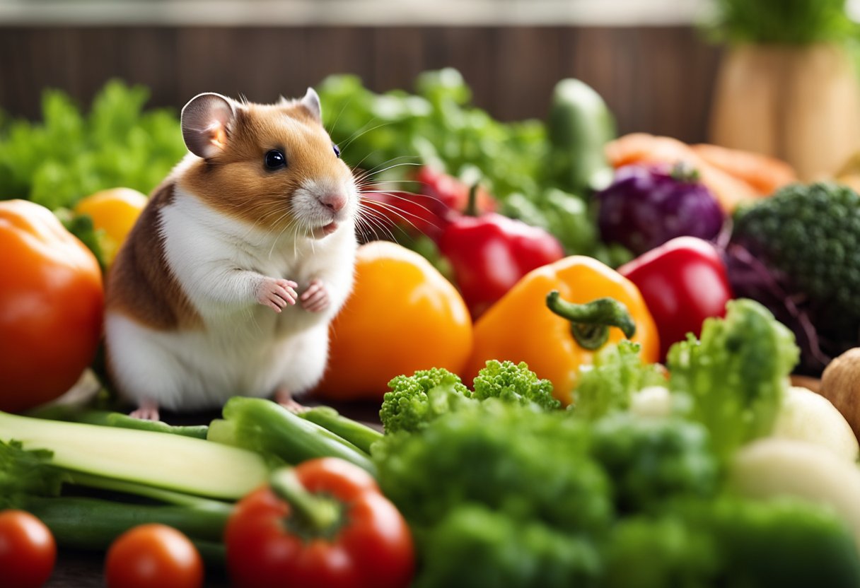 A hamster stands before a variety of fresh vegetables, contemplating which ones to choose for its daily meal