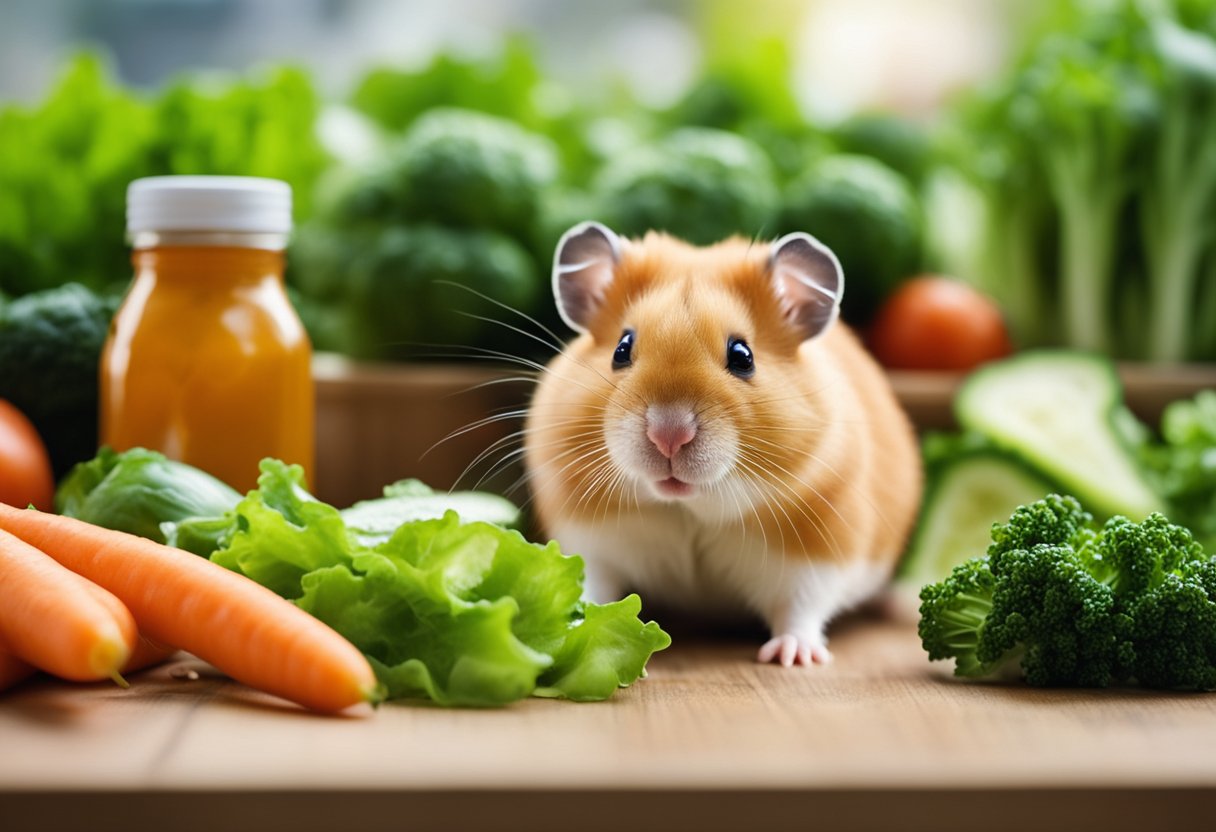 A hamster surrounded by a variety of fresh vegetables, such as carrots, lettuce, and cucumbers, with a water bottle nearby