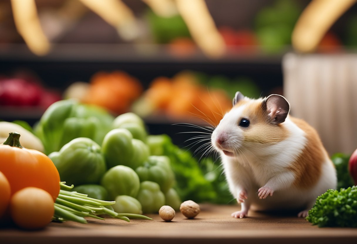 A hamster surrounded by a variety of fresh vegetables, looking curious and eager to explore the new food options
