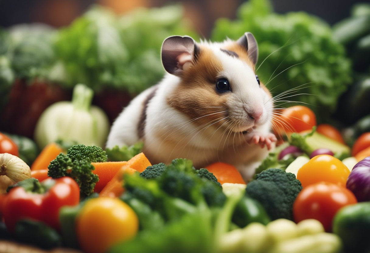 A hamster eagerly munches on a variety of fresh vegetables, surrounded by colorful and nutritious options