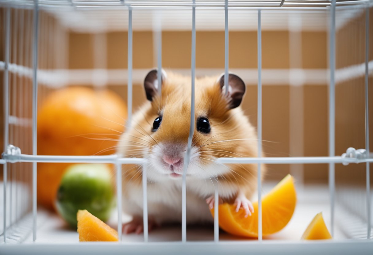 A small, furry hamster sits in its cage, looking weak and lethargic. Its food bowl is filled with fresh fruits, vegetables, and a small amount of high-quality hamster food