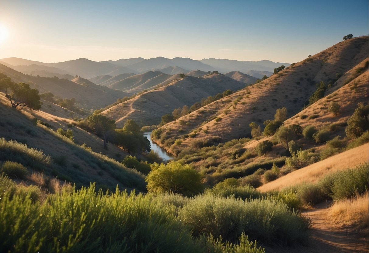 A picturesque landscape of Sepulveda, showcasing rolling hills, a winding river, and lush greenery under a clear blue sky